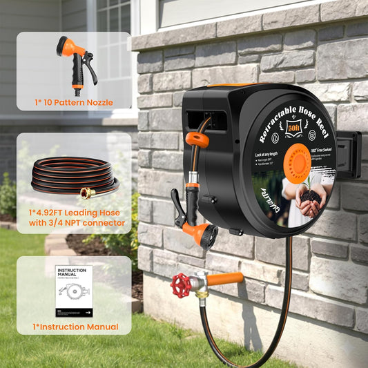 Retractable Garden Hose Reel, 1/2 in x 50 ft Wall Mounted Hose Reel Heavy Duty with 10-Function Sprayer Nozzle, Any Length Lock, Slow Return System, 180°Swivel Bracke for Large Yard Lawn Car Washing