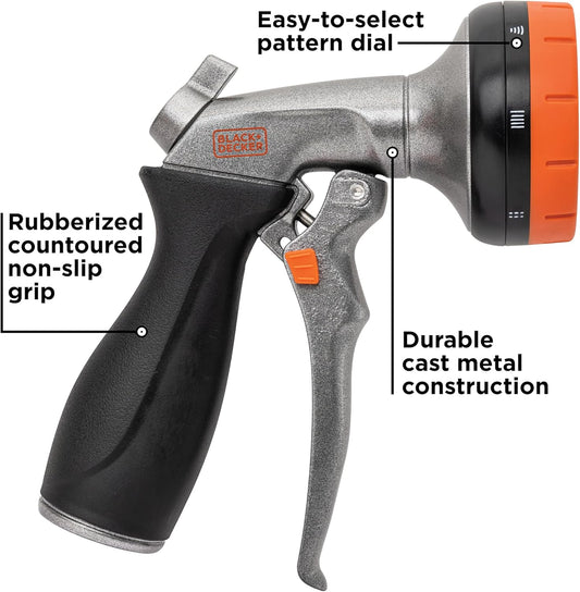 Black + Decker® 8-Pattern Zinc Front Trigger Nozzle – Durable Metal Build, Comfortable Grip, Precision Control BD59378