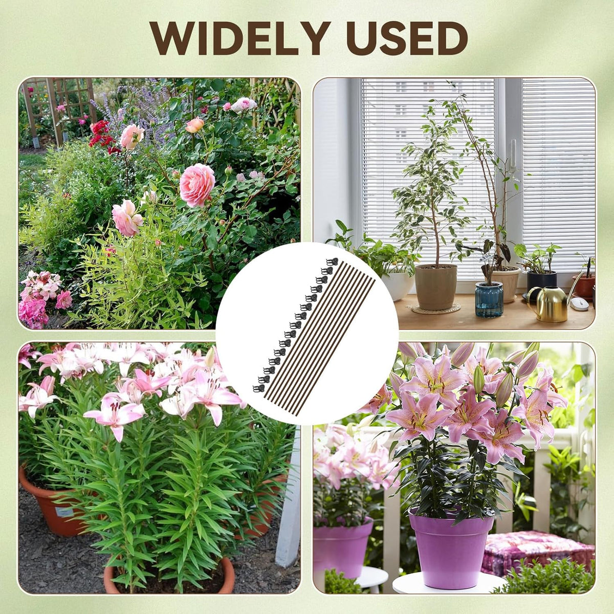 JJUNW 10 Pcs Plant Stakes for Indoor Plants, Plants Support Stakes with 15 Pcs Plant Clips, 15.75 Inch Orchid Clips for Garden Supporting Stems Vines Stalks Grow Upright Flowers Gardening