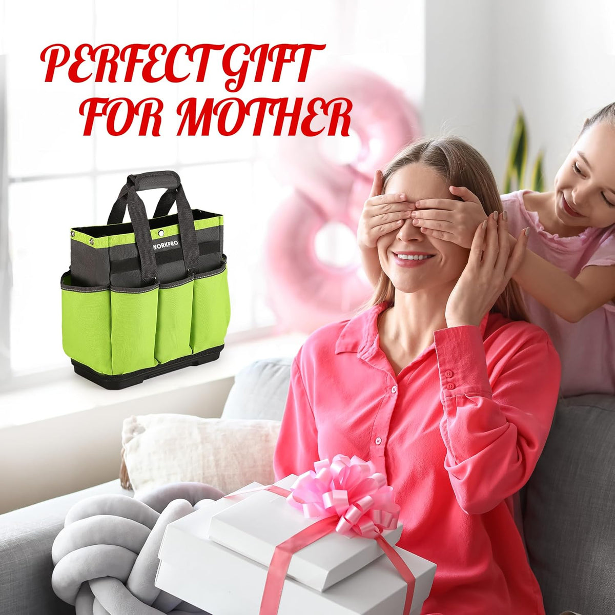 WORKPRO Garden Tool Bag with Waterproof Plastic Base, 8 Pockets Gardening Bag, Heavy Duty Oxford Garden Tote Caddy, Gardening Tool Kit Holder for Indoor and Outdoor(Tools NOT Included)