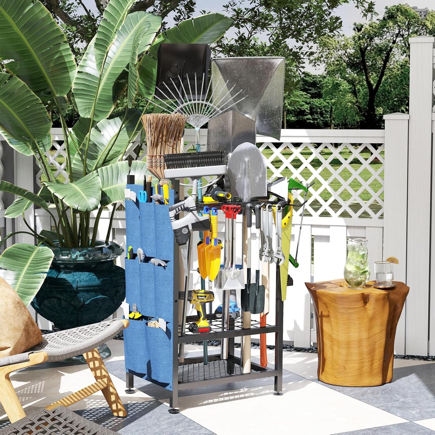 Garden Tool Organizer, Garden Yard Tool Rack for Garage, Garage Organization and Storage, Metal Yard Tools Storage up to 46 Tools/Rake/Broom/shovel/, Suitable for Garage, Yard, Patio, Shed