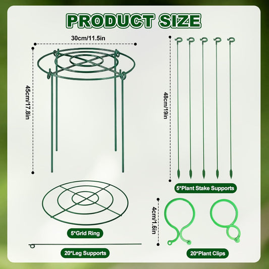 5 Pack Metal Peony Cages and Supports with 20 Plant Twist Clip Ties, Plant Support Stakes for Indoor Outdoor Plants, Tall Plant Holder Stick Kit, Plant Support Ring for Peony, Rose,Tomato, Hydrangea