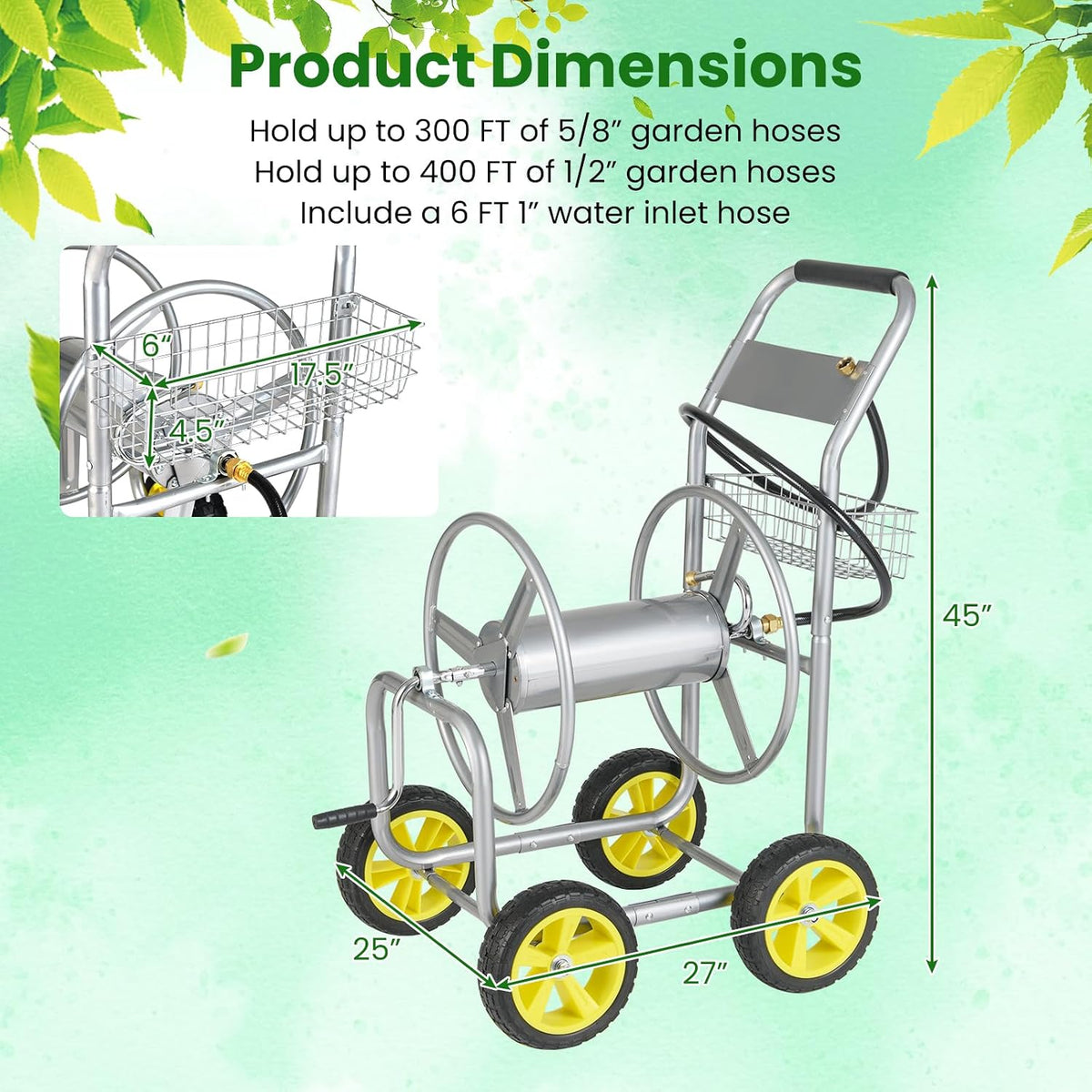 Moccha Hose Reel Cart, Hold Up to 300 FT of 5/8", Heavy-Duty Garden Water Hose Carts with 4 Wheels & Storage Basket for Outside Yard, Outdoor Mobile Planting Tool (Green)