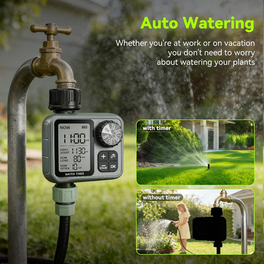 Sprinkler Timer for Garden Hose, Programmable Water Timer with Rain Delay & Manual Mode, Automatic Drip Irrigation System, Outdoor Hose Timers for Lawn Yard Watering, 1 Outlet