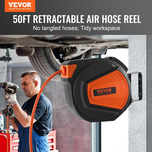 Retractable Air Hose Reel 3/8IN x 50FT Hybrid Air Hose Max 300PSI