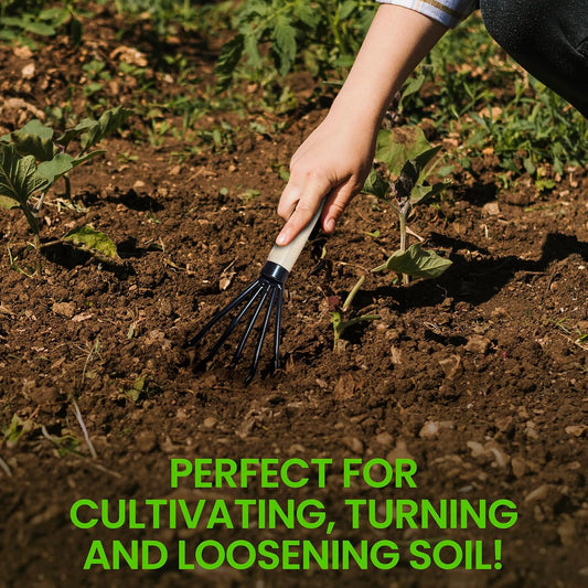 Hand Rake Cultivator Claw Soil Tiller - Military Grade Steel - Rust Resistant - 5 Tine Japanese Ninja Claw - Comfortable Wood Handle - Perfect Pulverized and Aerated Soil