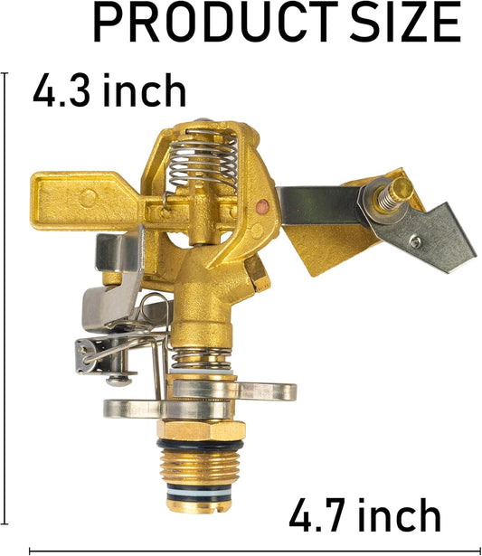 1/2 Inch Brass Impact Sprinkler, Heavy Duty Water Sprinkler Head, Adjustable 0-360 Degree Coverage Pattern, Watering Sprinkler with Nozzles for Large Patio Garden Irrigation (1 Pack)