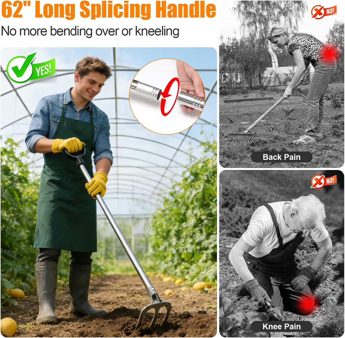 78" Long Handle Garden Rake, No Bend Standing Weeding Tool, Heavy Duty 3-Tine Cultivator with Carbon Steel Head, Hand Tiller for Digging, Loosening Soil & Planting