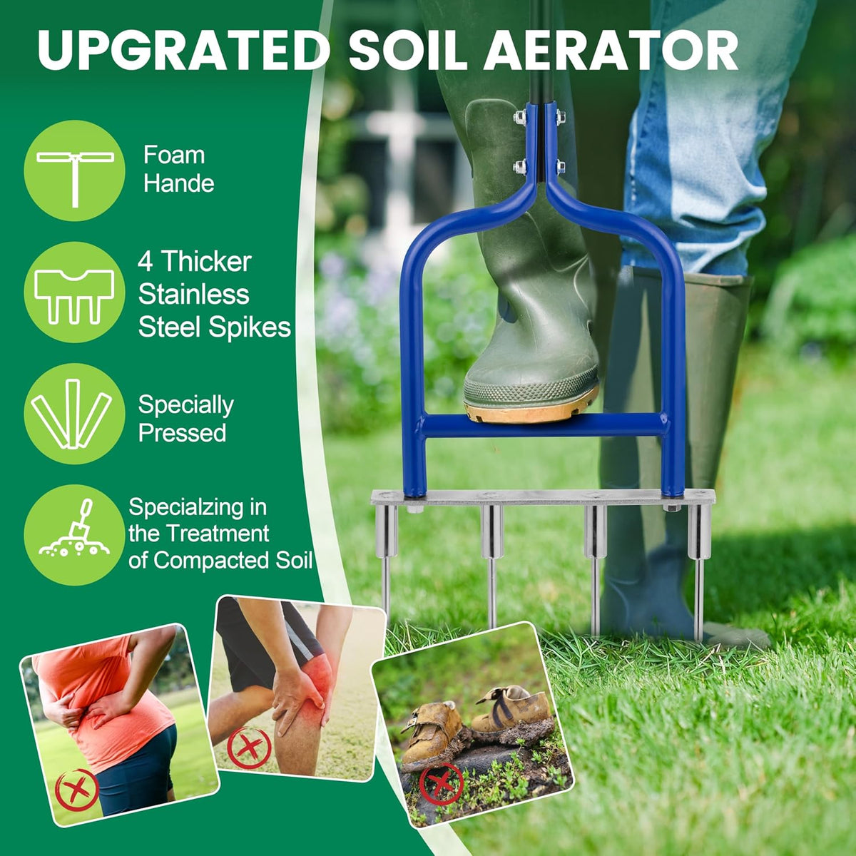 Spike Tine Fork Lawn Aerator - Four 5.2'' Stainless Steel Spikes Manual Gardening Hand Tool - Grass Dethatcher Aerator Lawn Tool with Solid Tines for Compacted Soil - Lawn Plugger Aerator.