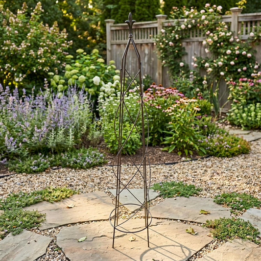 Small Nostell Obelisk, 51.5" Black Metal Garden Trellis with Fleur-de-Lis Finial, Spiral Rod Plant Support Tower for Climbing Vines, Outdoor Steel for Gardens & Pots