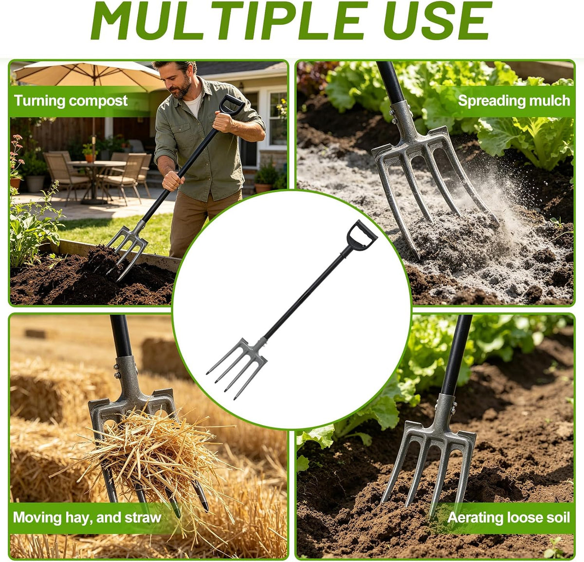 Pitch Fork, 46 inch Garden Fork with Metal 4 Tines & Ergonomic D Handle, Heavy Duty Pitchforks for Gardening Digging Composting Soil Loosening