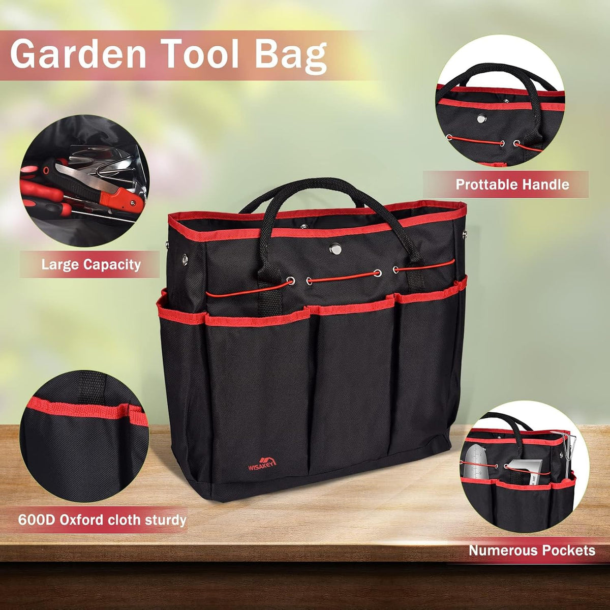 WisaKey 9 Piece Gardening Tools Heavy Duty Garden Tool Set with Handbag Red
