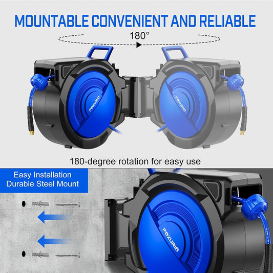 120FT+6.5FT Retractable Air Hose Reel, 5/16" Hybrid Air Hose, Air Compressor Hose Reel with Max 300 PSI Patented Design, Retractable Auto-Rewind Enclosed Heavy Duty 180° Swivel Mount