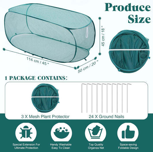 3 Pcs 45" x 20" x 18" Foldable Garden Rows Plants Cover Vegetable Mesh Plant Protector Net Cage Guard with Ground Nails for Protecting Vegetables Fruits Seedlings Flowers