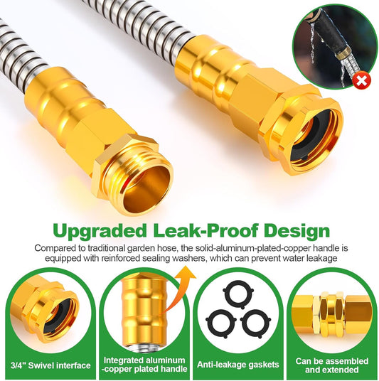 Garden Hose 50FT, Stainless Steel Metal Water Hose with 10-Function Nozzle