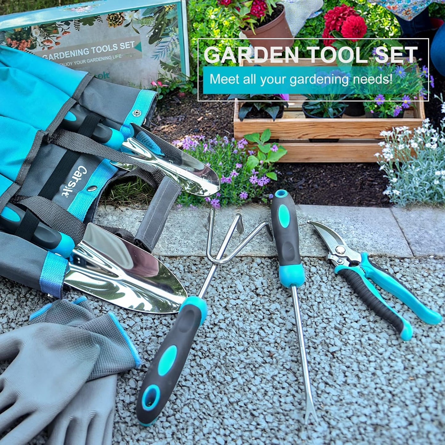 Gardening Tools, 10 Piece Heavy Duty Stainless Steel Garden Tools Set with Ergonomic Rubber Handle. Variety of Gardening Hand Tools with Gift Box Ideal Garden Gifts for Women