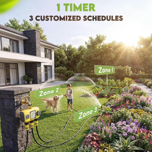 3 Zone Sprinkler Timer for Garden Hose, Brass Inlet Yard Irrigation