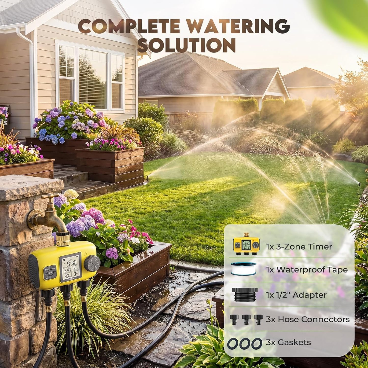 3 Zone Sprinkler Timer for Garden Hose, Brass Inlet Yard Irrigation