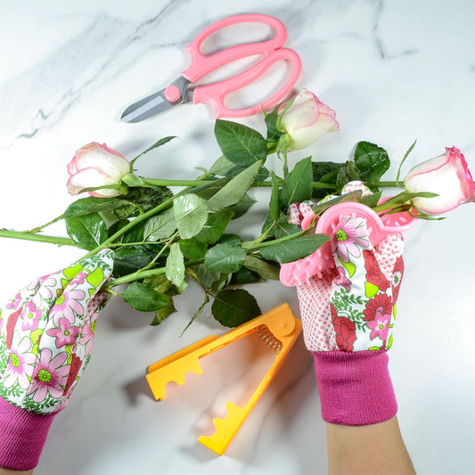 5PCS Rose Thorn Tools Rose Leaf Thorn Strippers with a Rose Pruning Shears and Garden Rose Gloves Pink1