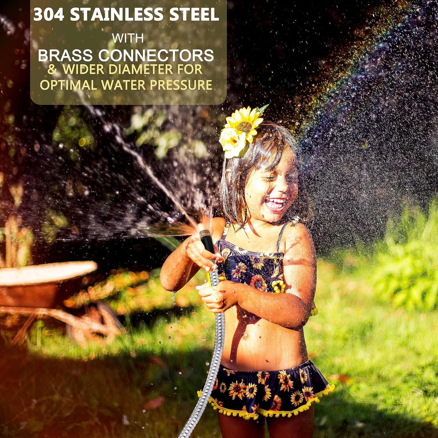 304 Stainless Steel 4ft Garden Hose with Female to Female Brass Connector, 18mm Outer Diameter Flexible & Lightweight Heavy Duty Short Water Hose for Outdoor (4 Feet)