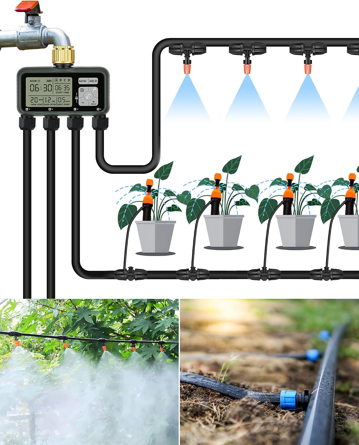 4 Zone Brass Sprinkler Timer, Garden Hose Timer, Automatic Irrigation System, Programmable Faucet, 4 Outlets, with Rain Delay, Manual Mode,Child Lock, for Yard, Garden, Lawn, Green E14WT06