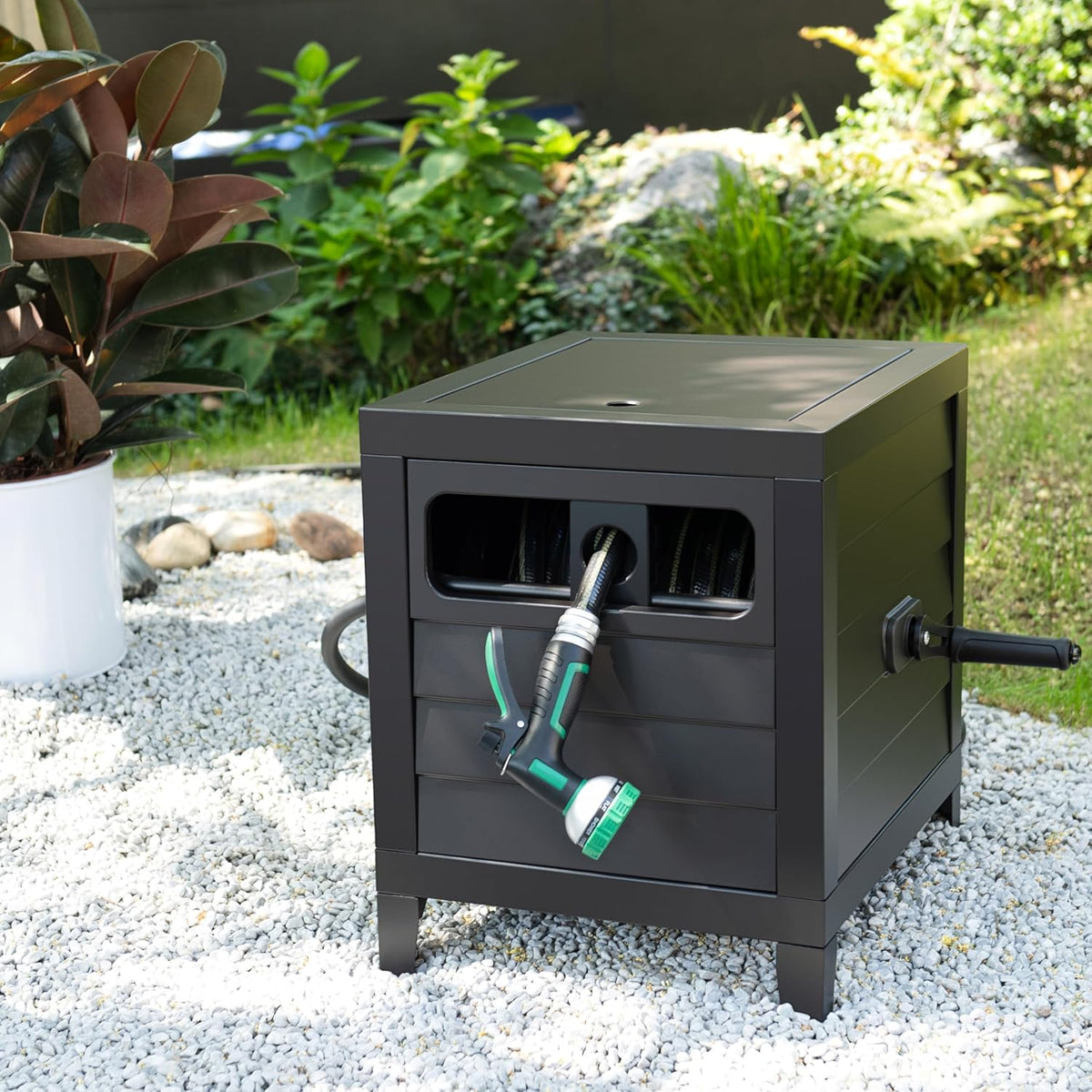 Metal Garden Hose Reel Deck box, Durable Steel Garden Hose Storage Box Cabinet, 150ft 5/8" Garden Hose Capacity. - Hose guide Manual Rewind, No-leak aluminum water connections