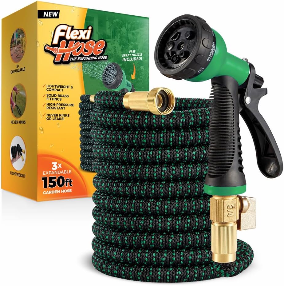 with 8 Function Nozzle, 25FT - Lightweight Expandable Garden Hose, No-Kink Flexibility, 3/4 Inch Solid Brass Fittings and Double Latex Core - Black and Green