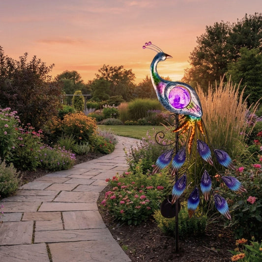 Solar Peacock Metal Garden Stake Outdoor Light 33"