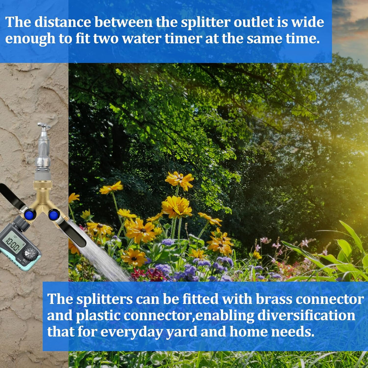 Brass Garden Hose Splitter, Garden Hose Splitter 2 Way Heavy Duty, With 2 304 Stainless Steel Extension Handles, 2-Way Y-Valve 3/4” GHT Threads (Increase Flow Style)