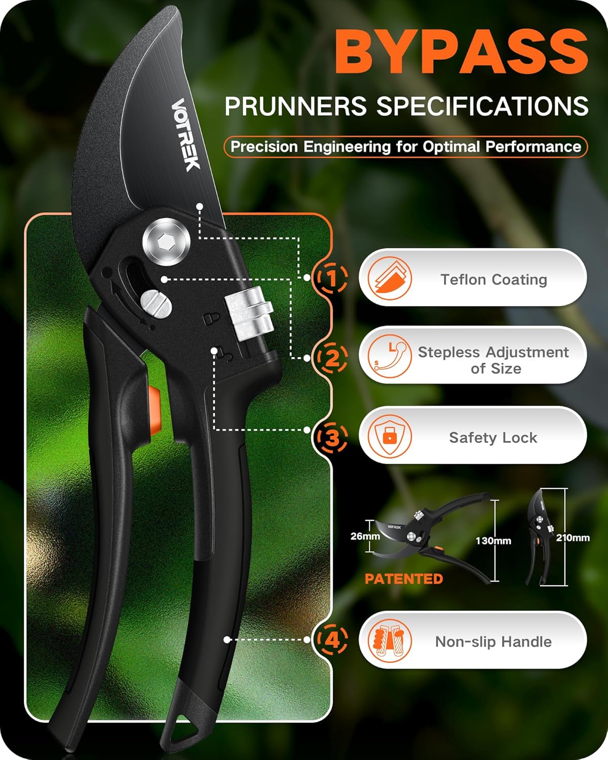 8.5" Garden Shears, Unique Stepless Handle Opening for All Hand Size
