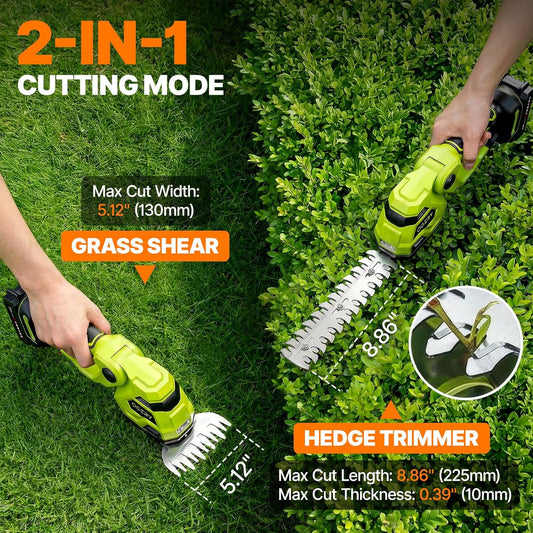 21V Cordless Hedge Trimmer & Grass Shears, 2-in-1 Powerful Dual Batteries Electric Bush Trimmer with 8.9” Hedge Blade & 5.1” Grass Trimmer, Adjustable Angle, Lightweight for Garden & Lawn Care