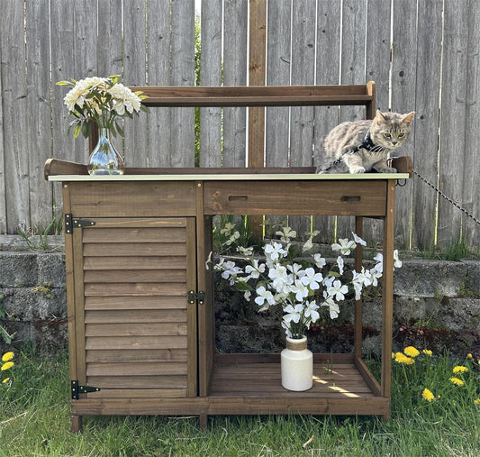 PetsCosset Folding Garden Potting Bench Table,Outdoor Wooden Work Station W/Metal Table Top,2 Tier Open Storage Rack,Top Shelf-Natural Stained