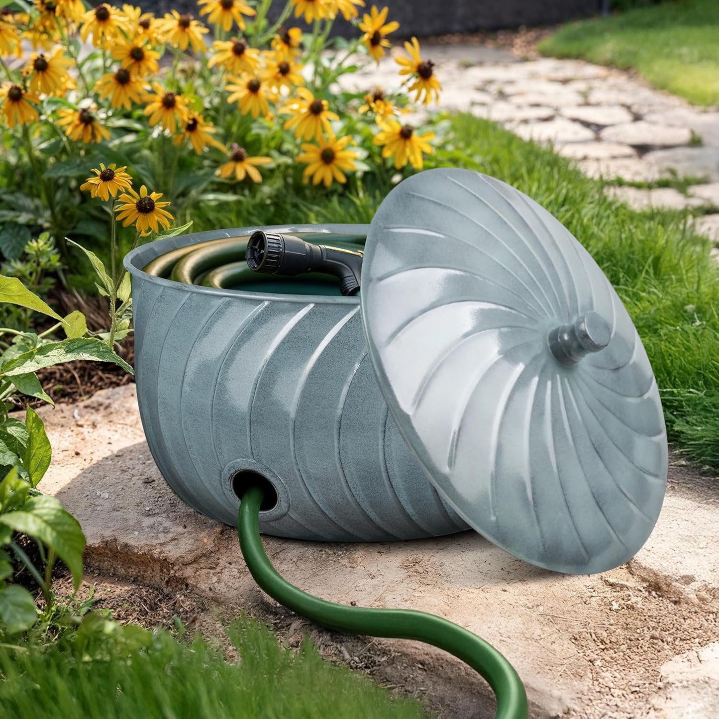Monarch Abode Garden Hose Holder with Lid – Decorative Water Hose Holders for Outside, Wave Embossed Metal Matte Black Pot with Drainage, 100ft Waterhose Holder for Outside, Garden Storage Caddy