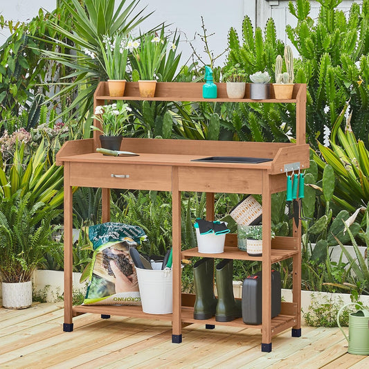 Yaheetech Potting Bench Outdoor Garden Work Bench Station Planting Solid Wood Construction for Horticulture w/Sink Drawer Rack Shelves Natural Wood