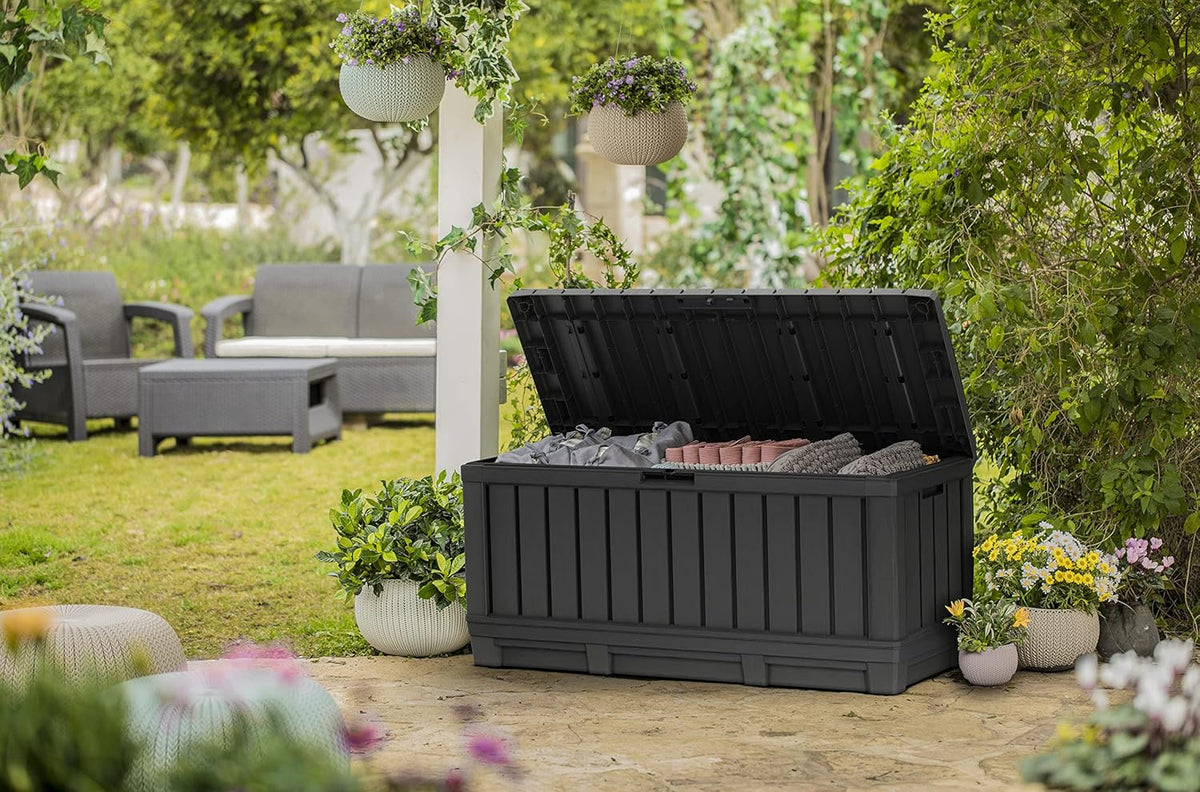 Keter Kentwood 92 Gallon Resin Deck Box-Organization and Storage for Patio Furniture Outdoor Cushions, Throw Pillows, Garden Tools and Pool Floats, Brown