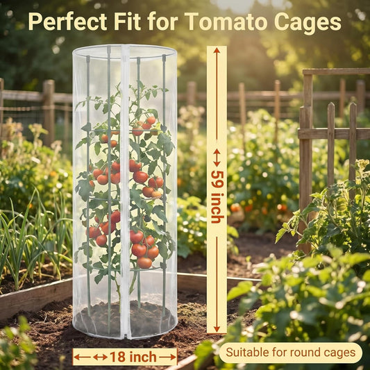 2 Pcs Garden Bird Netting Cover for Round Tomato Cage, 59" x 18" Tomato Trellis Insect Barrier Protection Mesh, Plant Cage Garden Net Cover with Zipper for Vertical Climbing Plants Vegetables Fruits