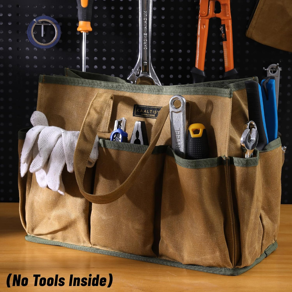 Tool Tote Bag, Heavy Duty 16oz Waxed Canvas Garden Tool Bag | Portable 11-Pocket Tool Storage Bag for Gardener Electrician Contractor Repairman (14"L x 5.5"W x 10.5"H) – Army Green