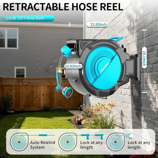 1/2" 150FT Retractable Garden Hose Reel, Wall Mounted Automatic Hose Reel with Upgraded 10 Pattern Nozzle/Any Length Lock/Slow Return System/180°Swivel Bracket, AquaBlue