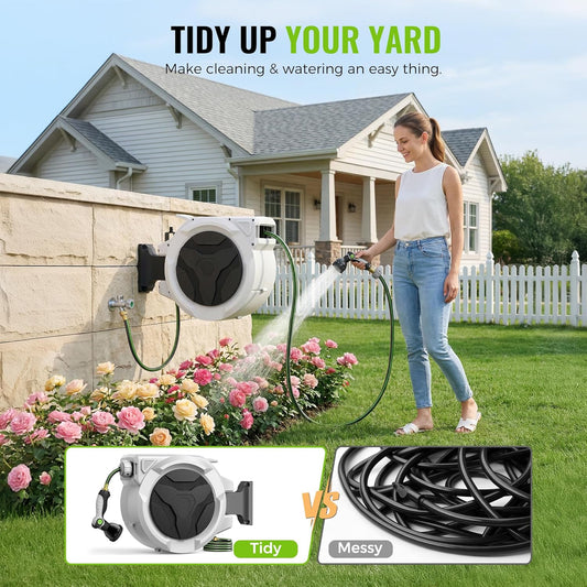 Retractable Garden Hose Reel 1/2 in x 100 ft, Heavy Duty Water Hose Reel with 10 Patterns Nozzle, Any Length Lock & Slow Rewind System, 180 Swivel Bracket Wall Mounted
