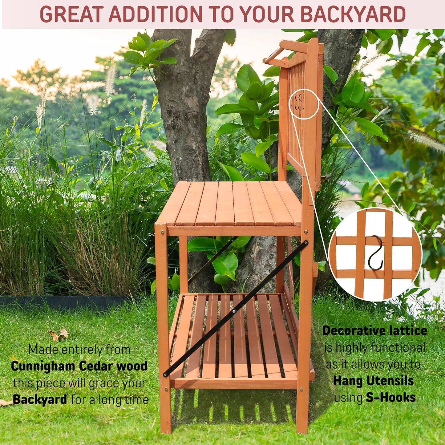 Northbeam Foldable Potting Bench Table - 2-Tier Storage Shelves - Wooden with Large Working Surface, All-Weather Garden Table Work Station with Sliding Tabletop, Perfect for Balcony, Garden, Backyard