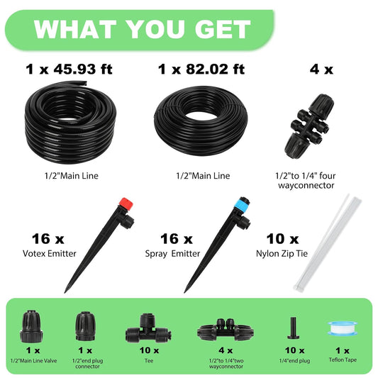 128FT Drip Irrigation System Kit, Automatic Garden Watering Kit with 1/2 Inch Hose & 1/4 Inch Distribution Tubing & Accessories for Yard, Lawn, Greenhouse, Raised Bed, Patio & Outdoor Plants