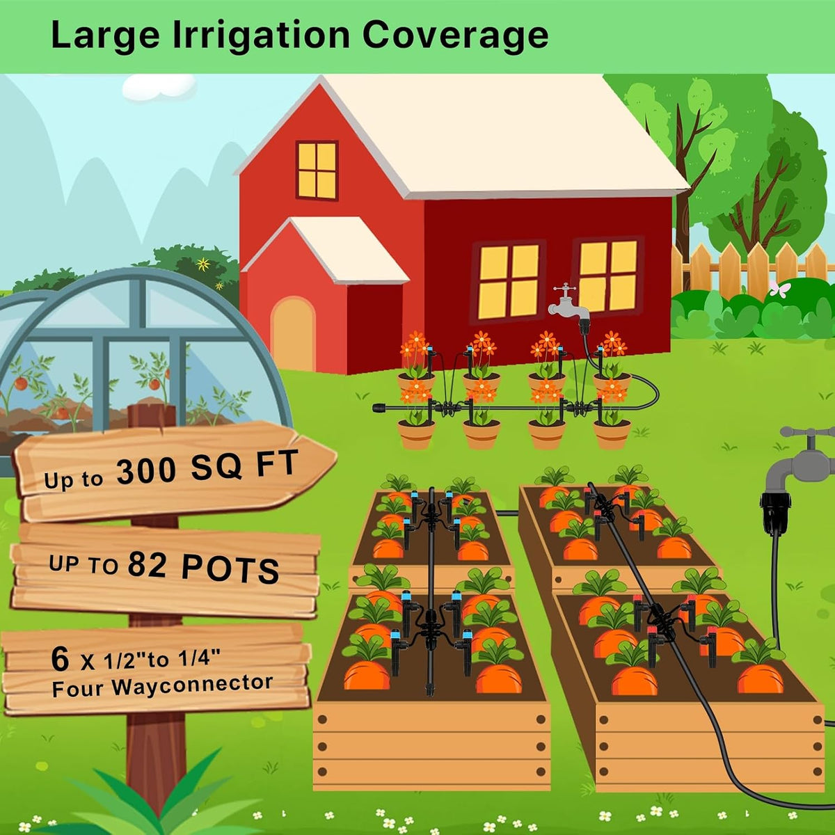 128FT Drip Irrigation System Kit, Automatic Garden Watering Kit with 1/2 Inch Hose & 1/4 Inch Distribution Tubing & Accessories for Yard, Lawn, Greenhouse, Raised Bed, Patio & Outdoor Plants