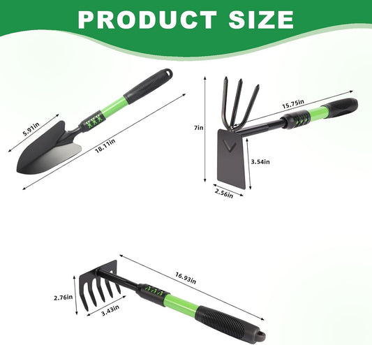 Gardening Tool, 3 Pack Lightweight Heavy Duty Spade Shovel, Garden Tools and Hand Rake with Soft Rubber Non-Slip Handle, for Gardenging Planting Weeding Digging, Green