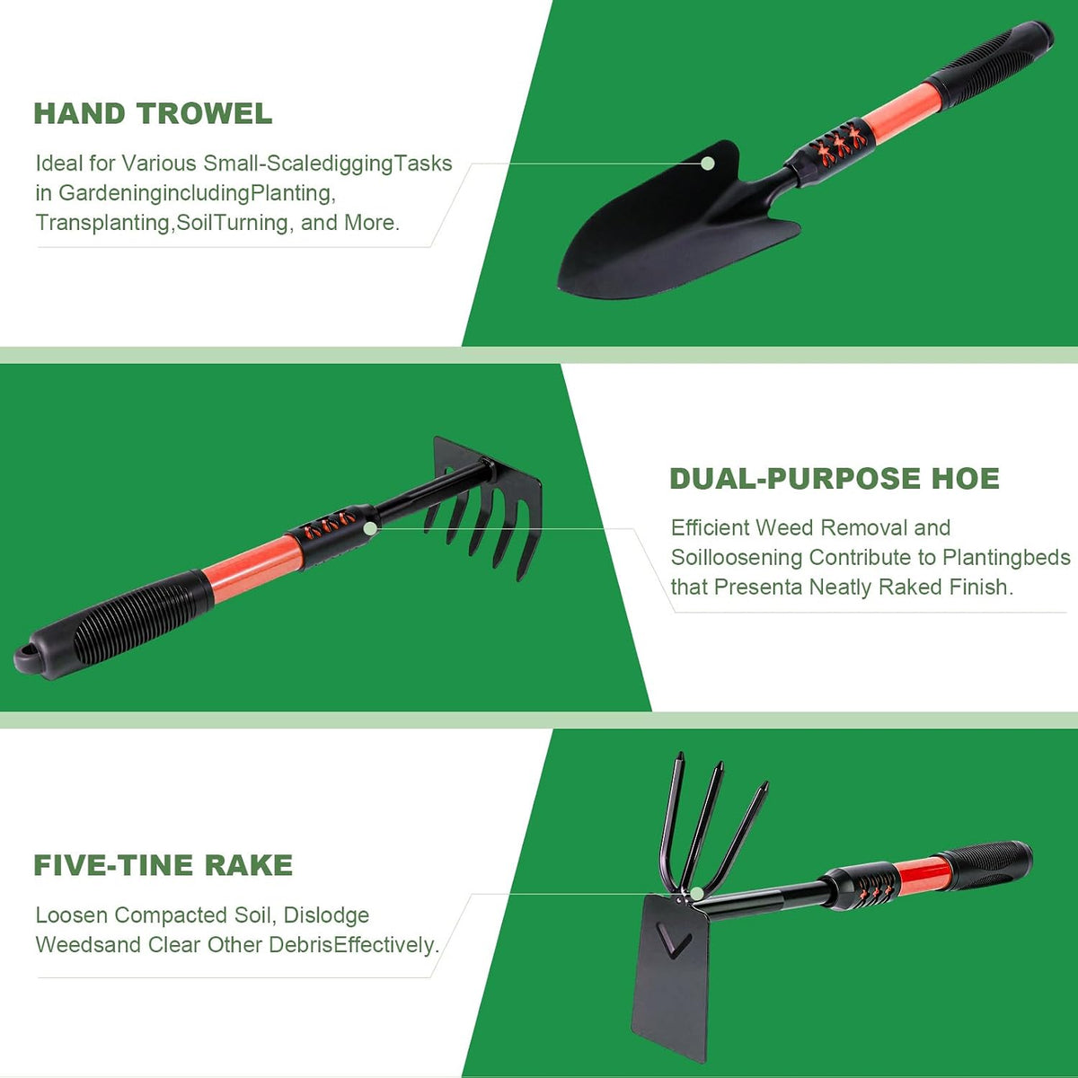 Gardening Tool, 3 Pack Lightweight Heavy Duty Spade Shovel, Garden Tools and Hand Rake with Soft Rubber Non-Slip Handle, for Gardenging Planting Weeding Digging, Green