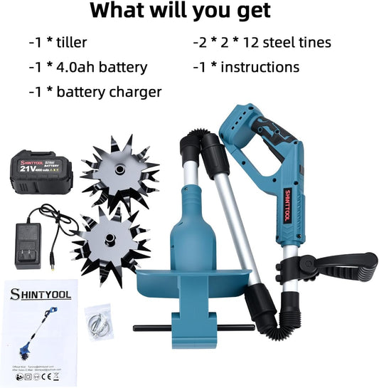 21v Cordless Tiller Cultivator with 4.0 Ah Battery and Charger