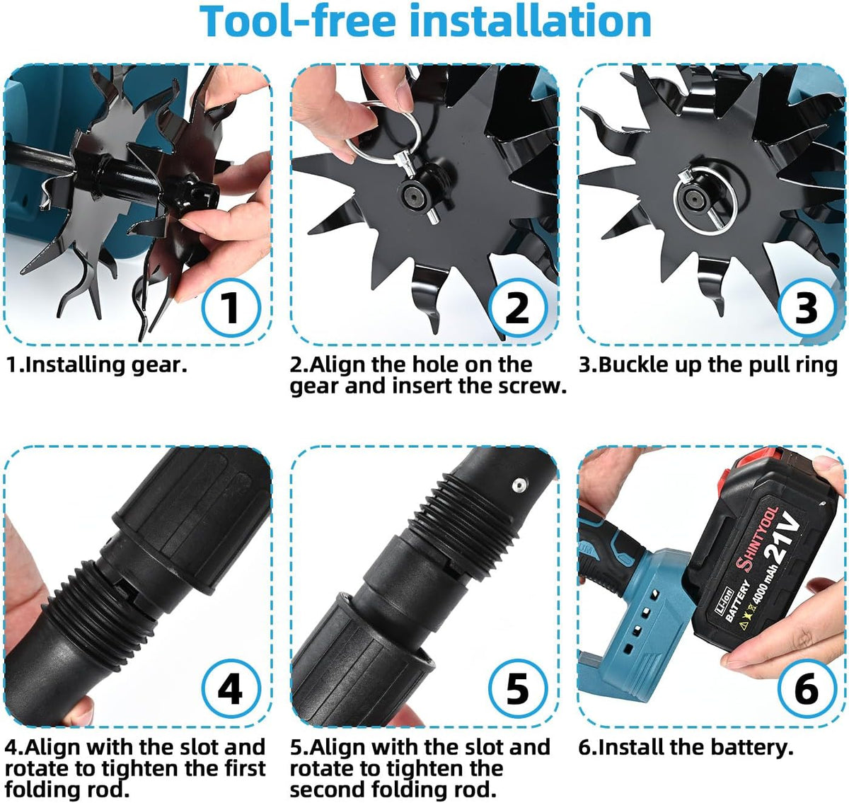 21v Cordless Tiller Cultivator with 4.0 Ah Battery and Charger
