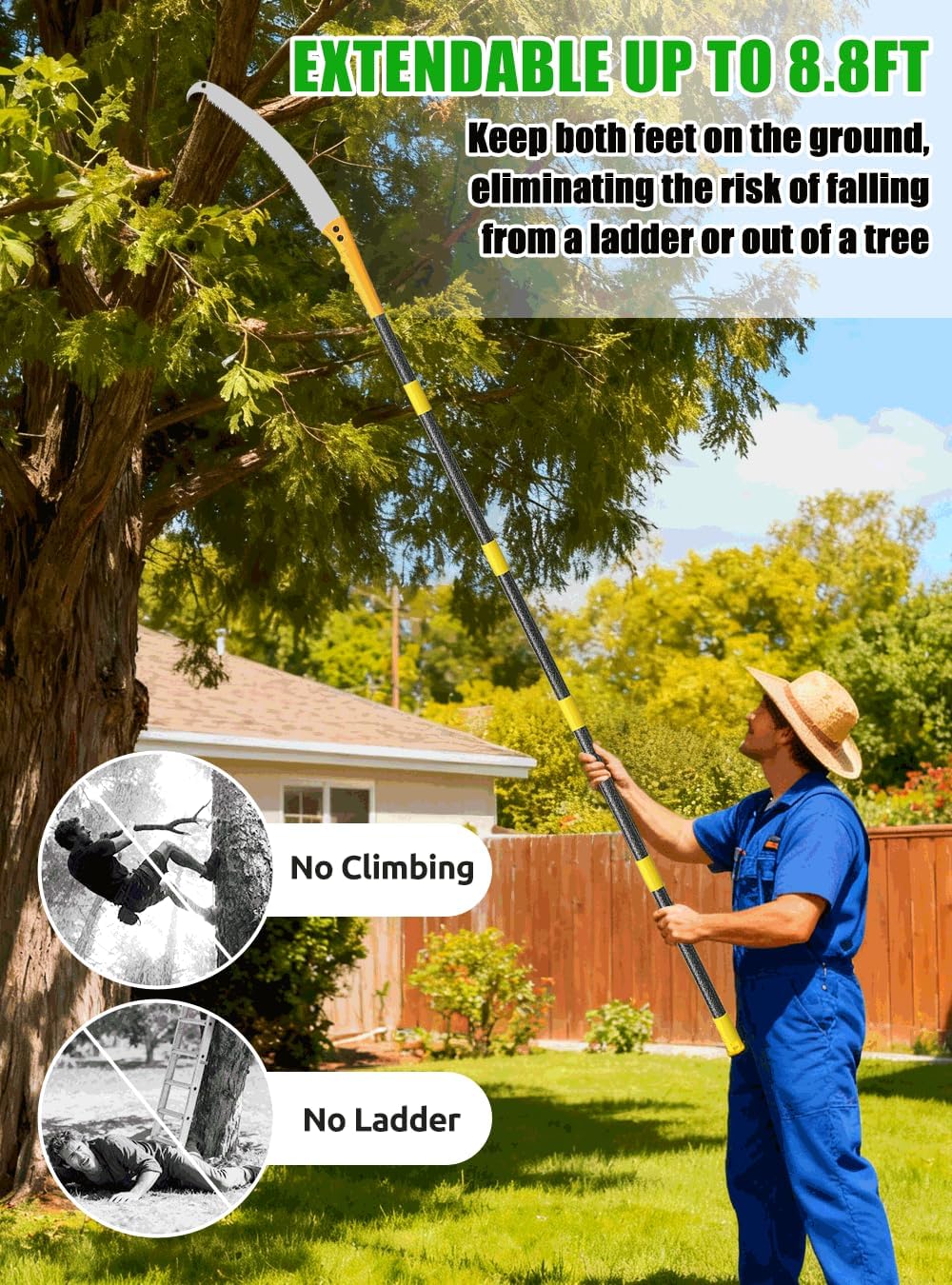 8.8FT Pole Saws for Tree Trimming: 2-in-1 Pole Saw With with Adjustable Length & Steel Blade Lightweight Manual Pruning Tool for Forestry Yard Garden Patio