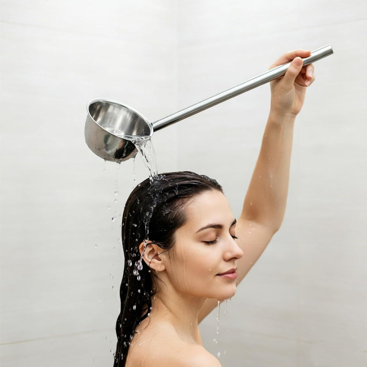 2 Pack Stainless Steel Water Ladle, 13.5" Metal Long Handle Water Dipper for Bath Rinse, Hair Washing Spoon Garden Watering Scoop for Bathroom Kitchen