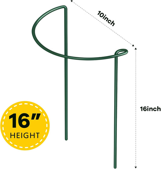 12 Pack Plant Support Stakes, 10" Wide x 16" High Half Round Metal Peony Cages and Support, Green Garden Plant Stake Plant Support Ring Border for Peony Tomato, Hydrangea, Flower Indoor Outdoor