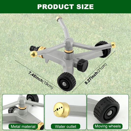 Metal Rotating Water Sprinkler for Lawn, 360 Degree Automatic Rotary Sprinkler, 3-Arm Metal Sprinkler with Wheel Base, Cover up to 1,384 Sq ft Quiet Operation for Yard Garden
